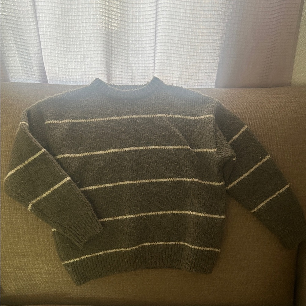 ZARA Olive Green and White Striped Crewneck Sweater